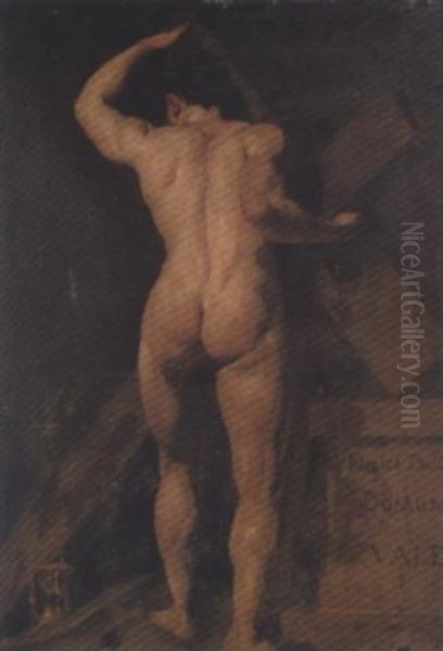 Study Of A Male Nude, Holding A Cross, With An Hour Glass By His Feet, And A Plinth To The Right Oil Painting by William Etty