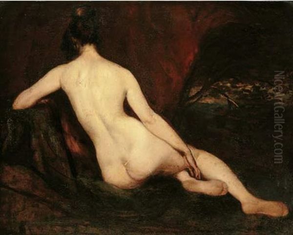 Female Nude, Seen From Behind, Reclining In A Landscape Oil Painting by William Etty