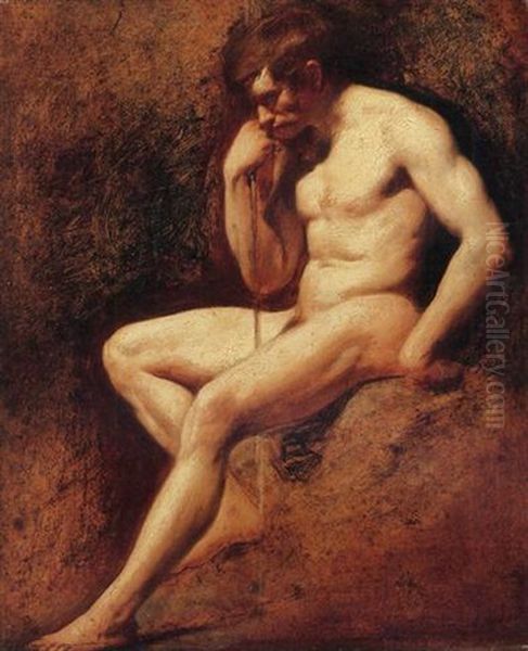 Male Nude, Seated, Holding A Staff Oil Painting by William Etty