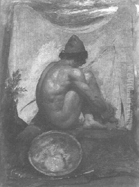 A Crouched Male Nude Oil Painting by William Etty