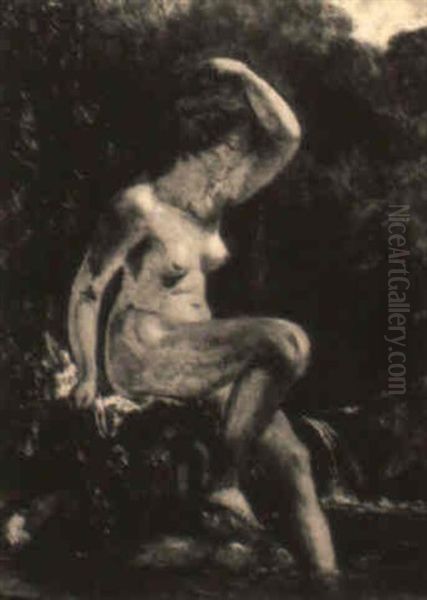 Study Of A Female Nude Seated By A Rock Pool Oil Painting by William Etty