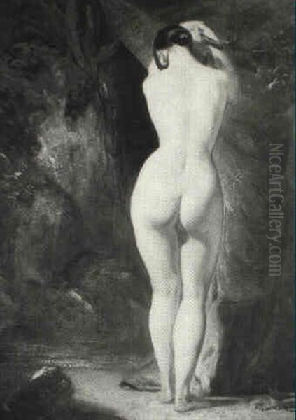 Study Of A Female Nude Standing Full Length Before A Waterfall Oil Painting by William Etty