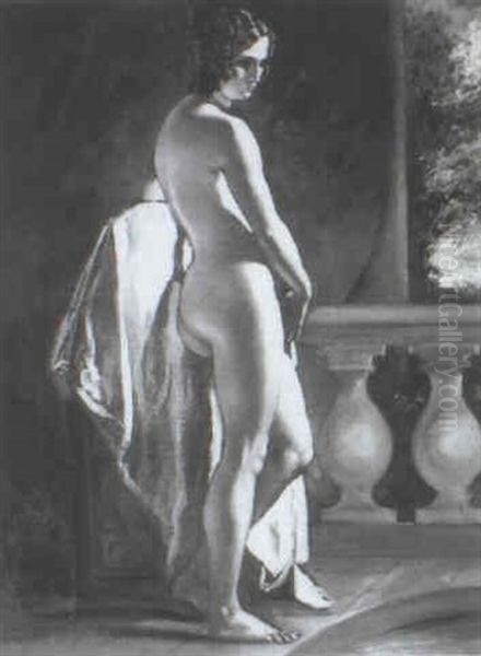 A Female Nude Standing Before A Balustrade Oil Painting by William Etty