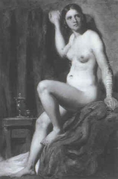 A Female Nude Seated On A Red Drape Oil Painting by William Etty