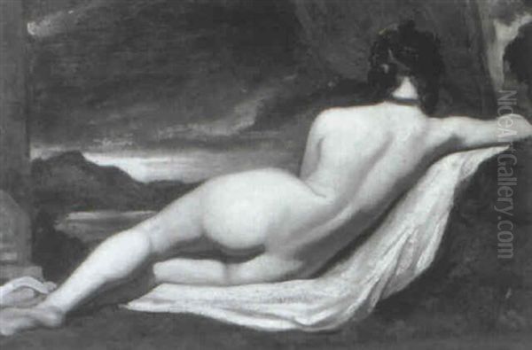 A Reclining Female Nude On A Red Draped Lied With A         Landscape Beyond Oil Painting by William Etty