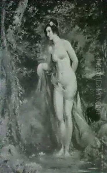 A Female Nude Standing In A Wooded River Landscape Oil Painting by William Etty