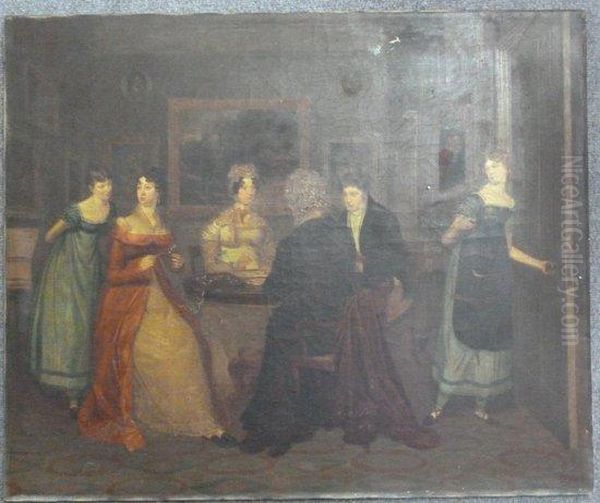 Group Portrait 
With Four Adults At A Table And Two Young Ladies Standing Oil Painting by Charles Ashmore