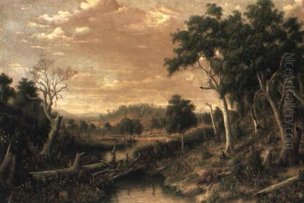 An Australian Landscape With An Aboriginal Hunting Party Oil Painting by Alfred William Eustace