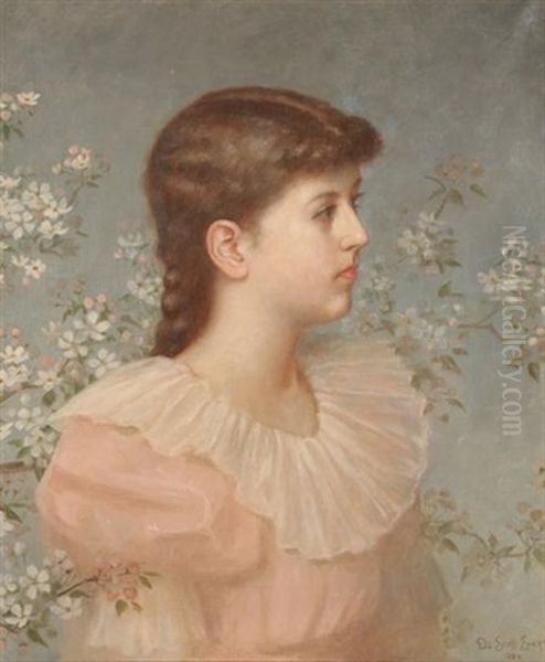 Portrait Of A Young Girl Surrounded By Flowers Oil Painting by De Scott Evans