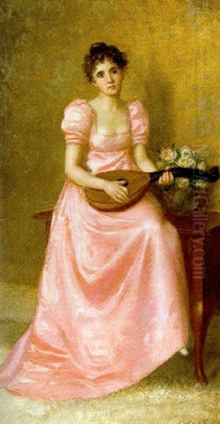 Woman Playing A Mandolin Oil Painting by De Scott Evans