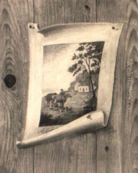 A Tromp L'oeil Of A Print Pinned To A Wooden Wall Oil Painting by De Scott Evans