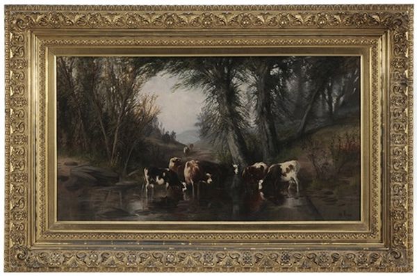 Cows Watering In A Stream Oil Painting by Joseph Evans