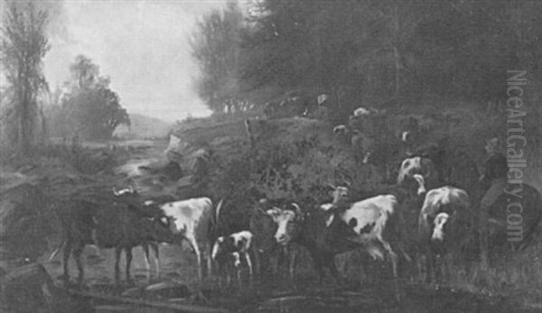 Landscape With Cows Oil Painting by Joseph Evans