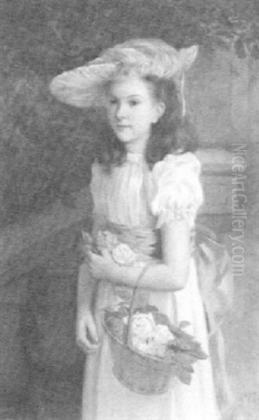 Young Girl With A Basket Of Roses Oil Painting by William E. Evans