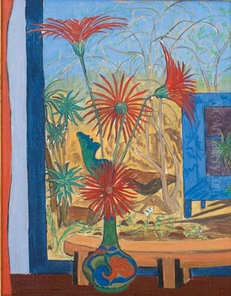 A Still Life Of Gerberas In A Blue, Green And Red Vase, And A View Through A Window Oil Painting by Rosamund King Everard-Steenkamp