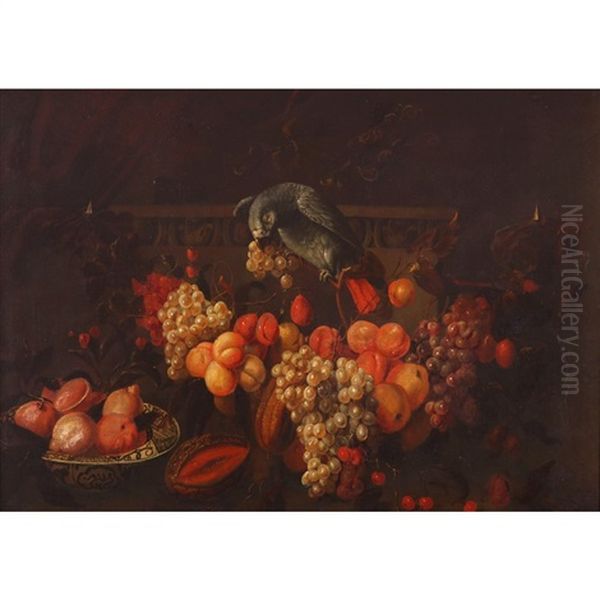 Still Life Of Grapes, Peaches, Melons, Lemons And A Parrot Oil Painting by Frans Van Everbroeck