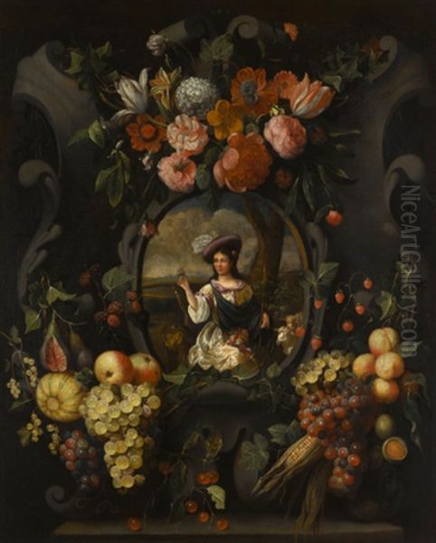 A Cartouche Still Life Of Flowers And Fruit Around A Portrait Of A Lady Dressed As A Shepherdess Oil Painting by Frans Van Everbroeck