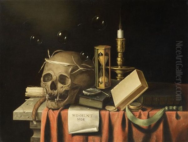 Memento Mori. Vanitasstillleben Mit Schadel, Sanduhr, Kandelaber, Buchern Und Einer Haarlocke Oil Painting by Frans Van Everbroeck