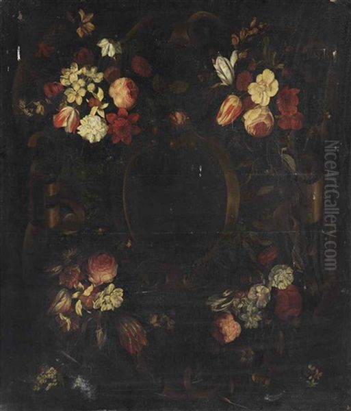 A Stone Cartouche Surrounded By Flower Garlands With Tulips, Roses, Blossoms, Daffodils, Peonies And Daisies Oil Painting by Frans Van Everbroeck