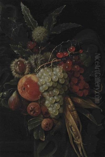 Grapes, Cherries, An Apple, Figs, Chestnuts And Corn Oil Painting by Frans Van Everbroeck