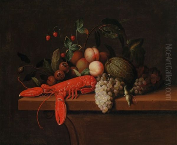 Ein Prunkstillleben Mit Einem Hummer, Trauben, Pfirsichen, Granatapfeln, Einer Melone Und Walderdbeeren Auf Einer Steinbrustung Oil Painting by Frans Van Everbroeck