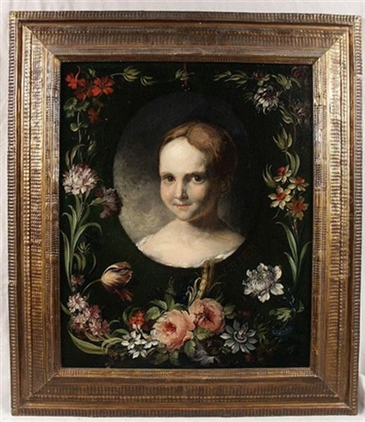 Child's Portrait With Floral Border Oil Painting by Frans Van Everbroeck