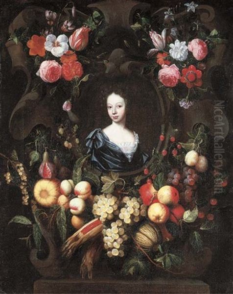 Portrait Of A Lady, Bust-length, In A Blue Dress, In An Architectural Niche Surrounded By A Garland Of Fruit, Vegetables And Flowers by Frans Van Everbroeck