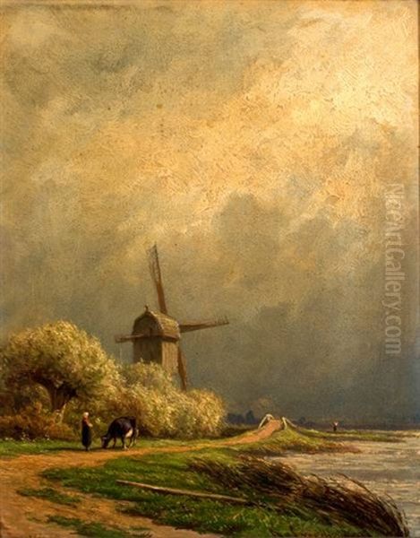 Landschap Met Koeherderin Bij Een Molen Oil Painting by Adrianus van Everdingen