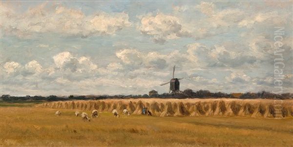 Workers With Sheep In The Field Oil Painting by Adrianus van Everdingen