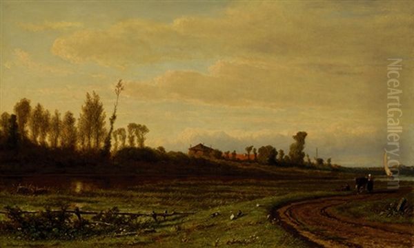 Woman With Cow On A Road At The Falling Of Dusk In A Polderscape Oil Painting by Adrianus van Everdingen