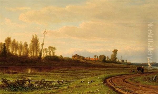 Woman With A Cow On A Road In A Polder Landscape By Dusk Oil Painting by Adrianus van Everdingen