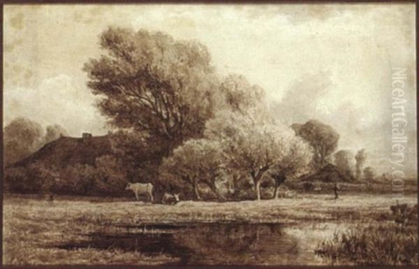 A Landscape With Cows Near A Pool Oil Painting by Adrianus van Everdingen