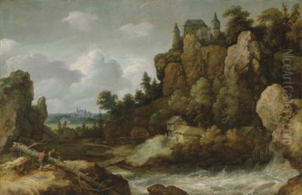 An Extensive Landscape With A Waterfall, With A Hilltop Castle And A Village Beyond Oil Painting by Allaert van Everdingen