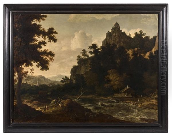 Paysage De Riviere Anime De Personnages Au Pied D'une Forteresse Oil Painting by Allaert van Everdingen