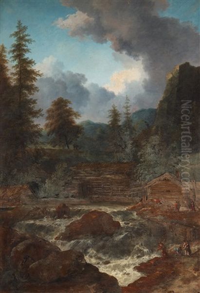 Landscape With Figures By A Waterfall Oil Painting by Allaert van Everdingen