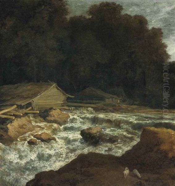 A Wooded River Landscape With A Woodmill By A Wier Oil Painting by Allaert van Everdingen