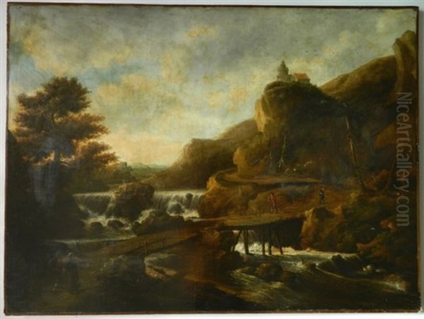 Landscape With Figures And Waterfall Oil Painting by Allaert van Everdingen