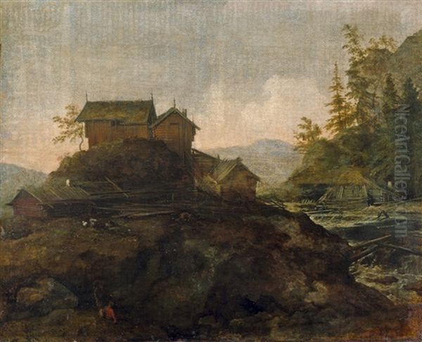 Norwegische Flusslandschaft Mit Blockhausern Oil Painting by Allaert van Everdingen