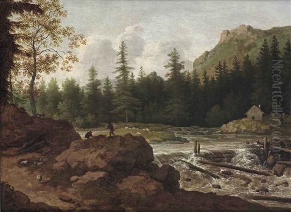 A Scandinavian River Landscape With Herdsmen On A Rock By A Waterfall Oil Painting by Allaert van Everdingen