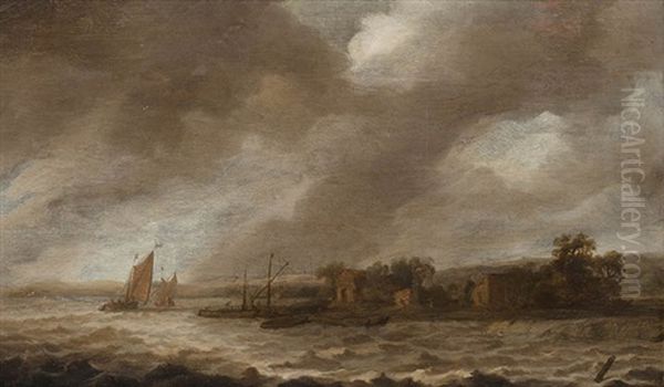 Segelschiffe Am Fluss Beim Aufziehenden Gewitter Oil Painting by Allaert van Everdingen