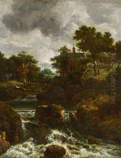 Bewaldete Landschaft Mit Wasserfall Und Alter Kirche Oil Painting by Allaert van Everdingen