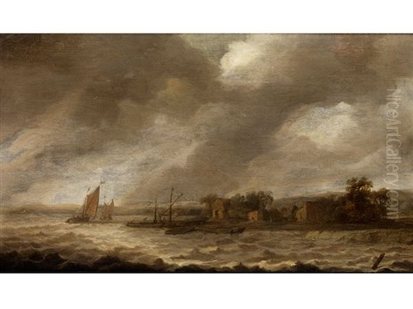 Segelschiffe Und Kahne Am Ufer Bei Aufziehenden Gewitterwolken Oil Painting by Allaert van Everdingen