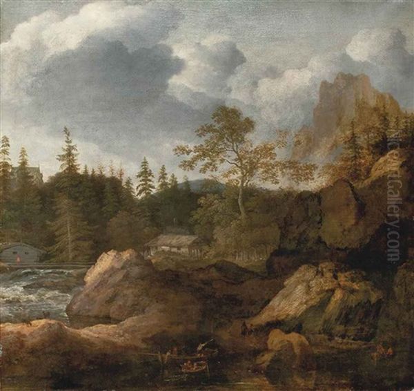 A Scandinavian River Landscape With Figures In Boats By A Shore Oil Painting by Allaert van Everdingen