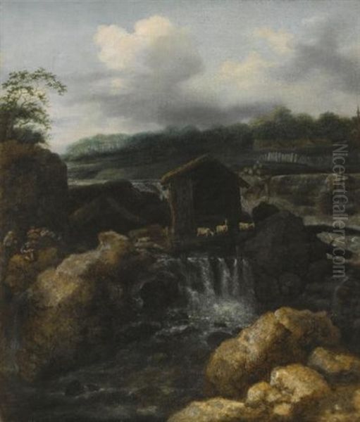 A Nordic Landscape With Herders Resting Beside A Waterfall Oil Painting by Allaert van Everdingen