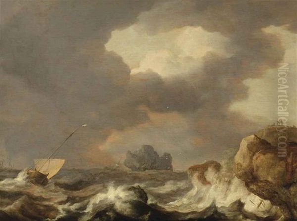 Shipping On Stormy Waters Near A Rocky Coast Oil Painting by Allaert van Everdingen