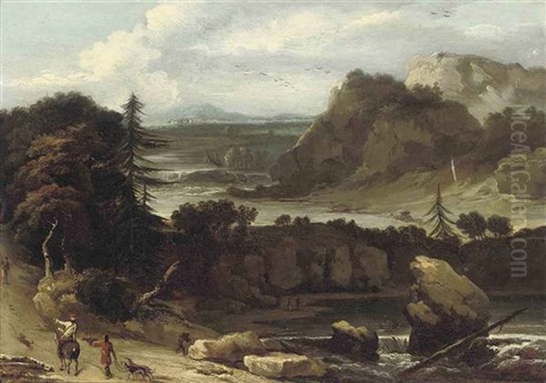 A Wooded River Landscape With A Hunting Party Oil Painting by Allaert van Everdingen