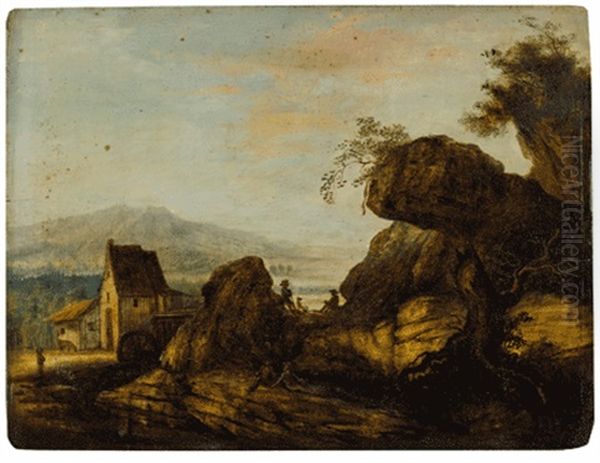 Felsige Landschaft Mit Rastenden Wanderern Oil Painting by Allaert van Everdingen