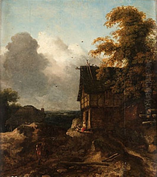 Landskap Med Korsvirkesbyggnad Och Figurer Oil Painting by Allaert van Everdingen