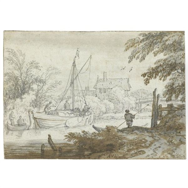 River Scene With A Masted Boat Unloading Its Goods And A Figure Punting In The Foreground Oil Painting by Allaert van Everdingen