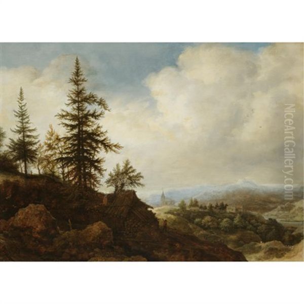 A Mountainous Landscape With A Figure Passing A Timber Shed In The Foreground Oil Painting by Allaert van Everdingen